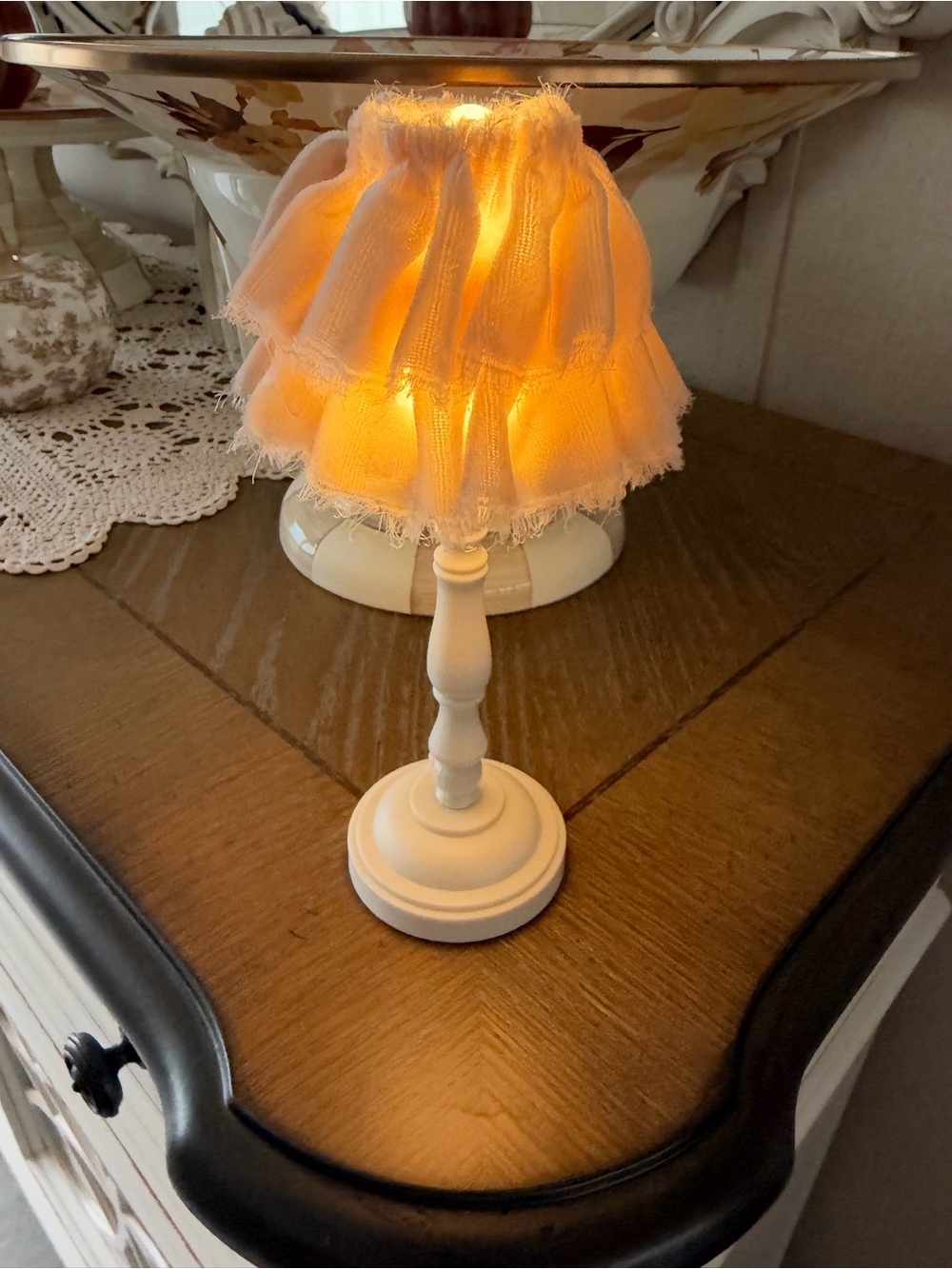 Tiny Doll House floor lamp with ruffle velvet shade in beige & taupe